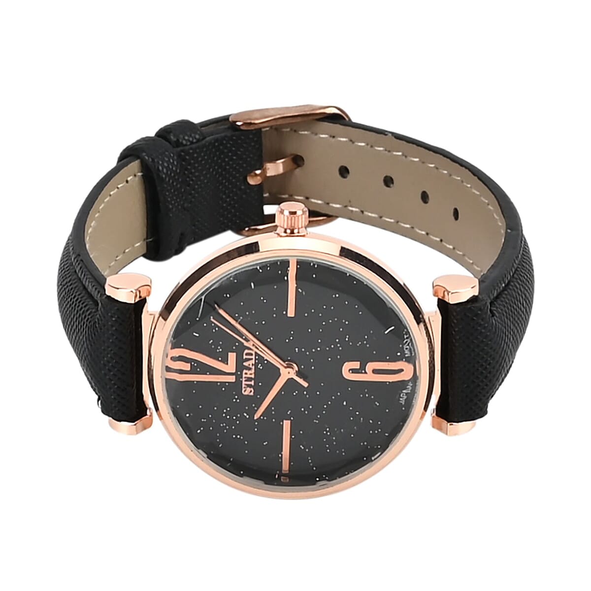 Strada Japanese Movement Starry Sky Pattern Watch in Rosetone with Black Faux Leather Strap (35.81mm) (5.5-7.00 Inches) image number 4