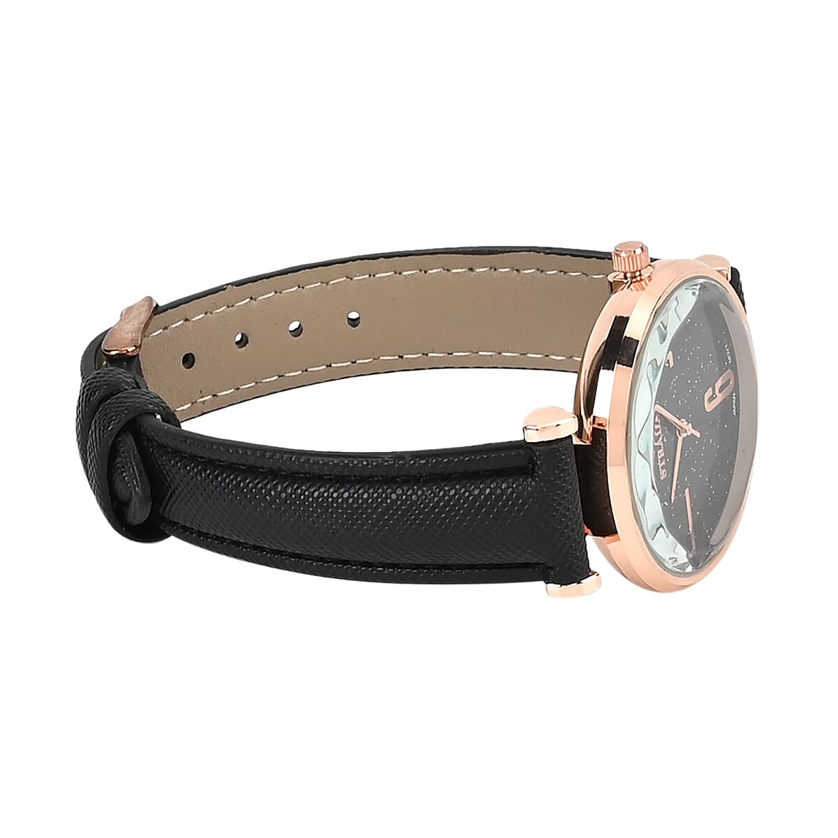 Strada Japanese Movement Starry Sky Pattern Watch in Rosetone with Black Faux Leather Strap (35.81mm) (5.5-7.00 Inches) image number 5