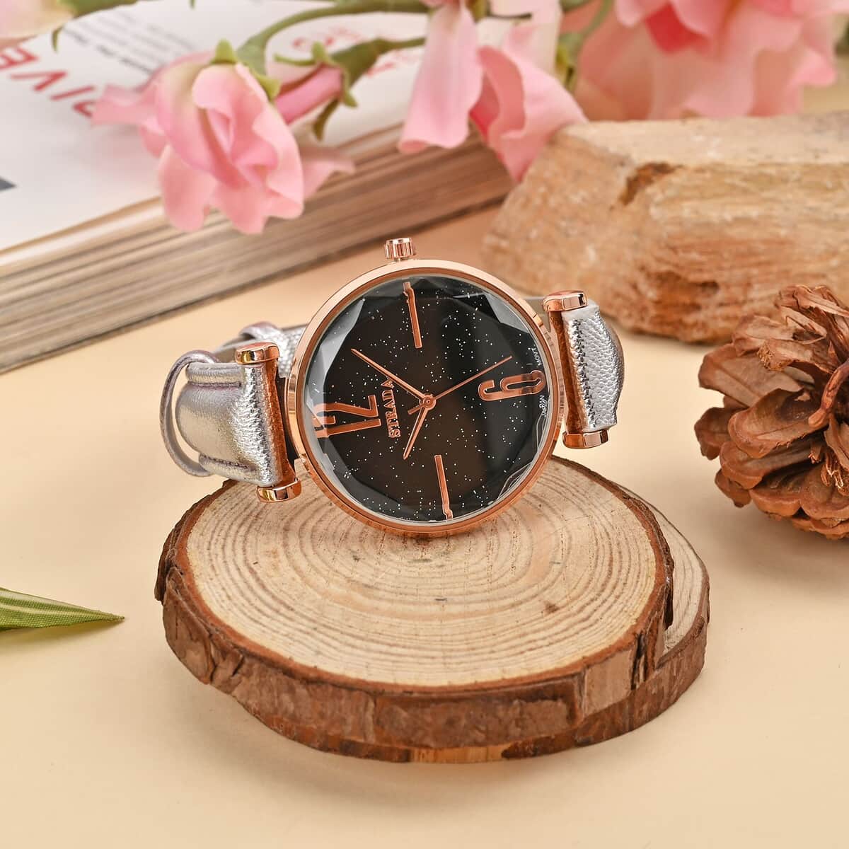 Strada Japanese Movement Starry Sky Pattern Watch in Rosetone with Silver Faux Leather Strap (35.81mm) (5.5-7.00 Inches) image number 1