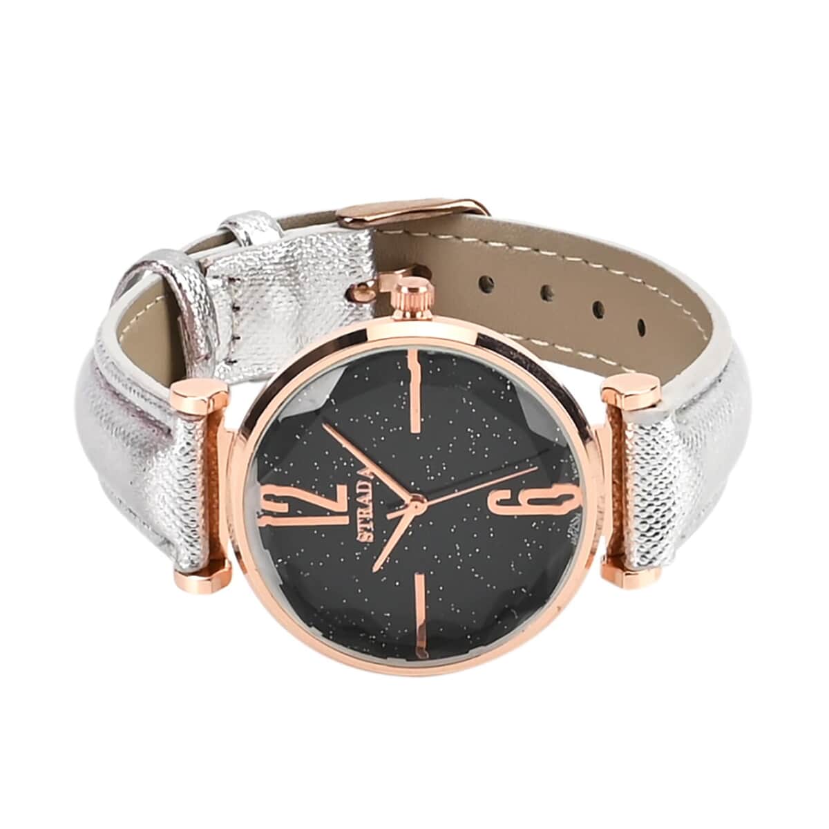 Strada Japanese Movement Starry Sky Pattern Watch in Rosetone with Silver Faux Leather Strap (35.81mm) (5.5-7.00 Inches) image number 4