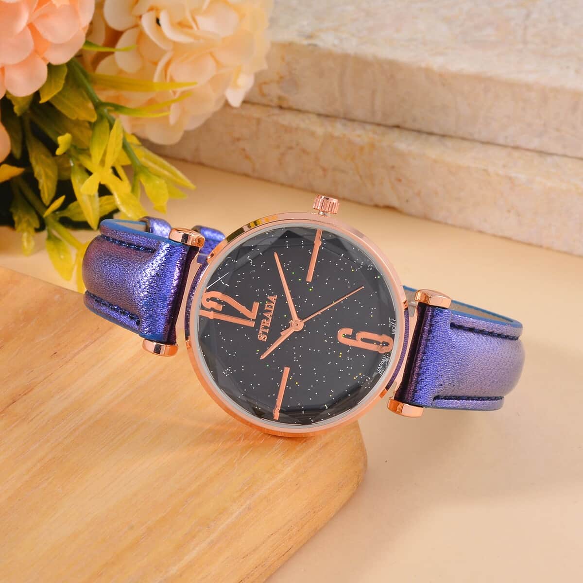 Strada Japanese Movement Starry Sky Pattern Watch in Rosetone with Blue Faux Leather Strap (35.81mm) (5.5-7.00 Inches) image number 1