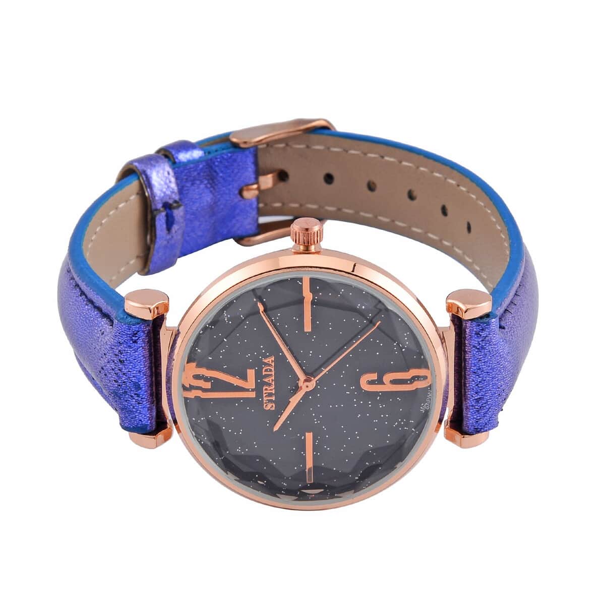 Strada Japanese Movement Starry Sky Pattern Watch in Rosetone with Blue Faux Leather Strap (35.81mm) (5.5-7.00 Inches) image number 4