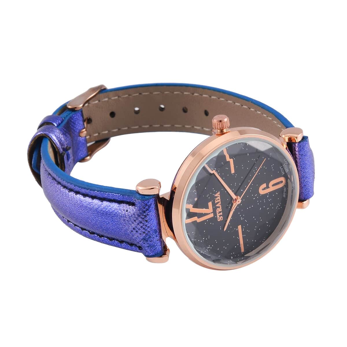 Strada Japanese Movement Starry Sky Pattern Watch in Rosetone with Blue Faux Leather Strap (35.81mm) (5.5-7.00 Inches) image number 5