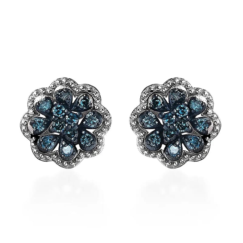 D'Joy Blue Diamond 0.25 ctw Blooming Flower Earrings in Platinum Over Sterling Silver