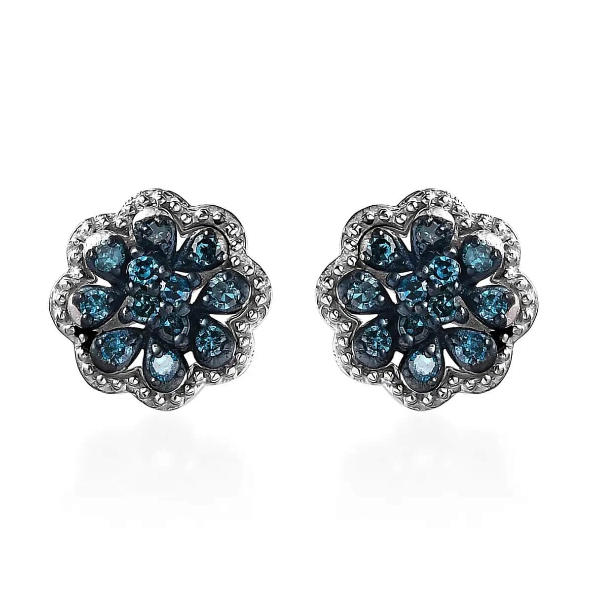 Blue Diamond Earrings in Rhodium And Platinum Over Sterling Silver, Flower Studs, Diamond Studs 0.25 ctw image number 0