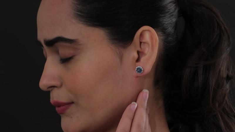 Doorbuster Blue Diamond Floral Stud Earrings in Platinum Over Sterling Silver 0.25 ctw