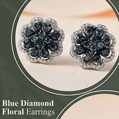 D'Joy Blue Diamond 0.25 ctw Blooming Flower Earrings in Platinum Over Sterling Silver