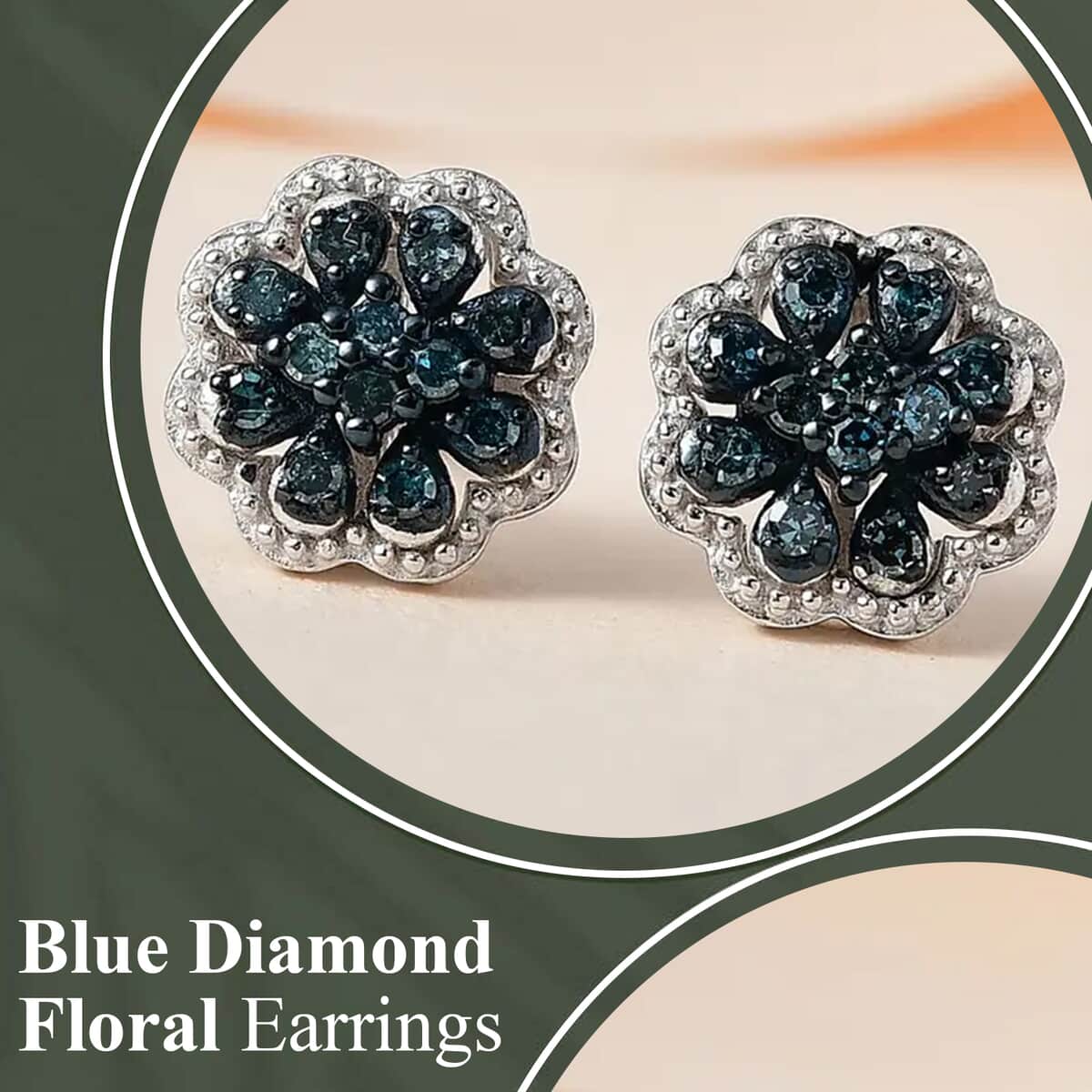Blue Diamond Earrings in Rhodium And Platinum Over Sterling Silver, Flower Studs, Diamond Studs 0.25 ctw image number 1