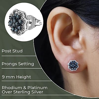 D'Joy Blue Diamond 0.25 ctw Blooming Flower Earrings in Platinum Over Sterling Silver