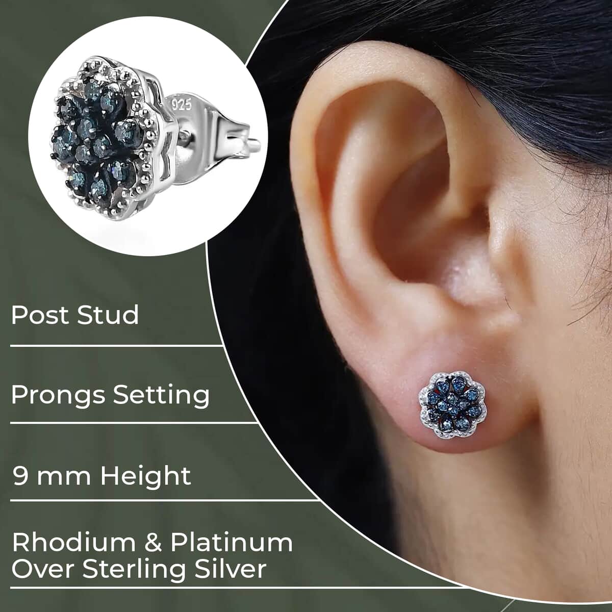 Blue Diamond Earrings in Rhodium And Platinum Over Sterling Silver, Flower Studs, Diamond Studs 0.25 ctw image number 2
