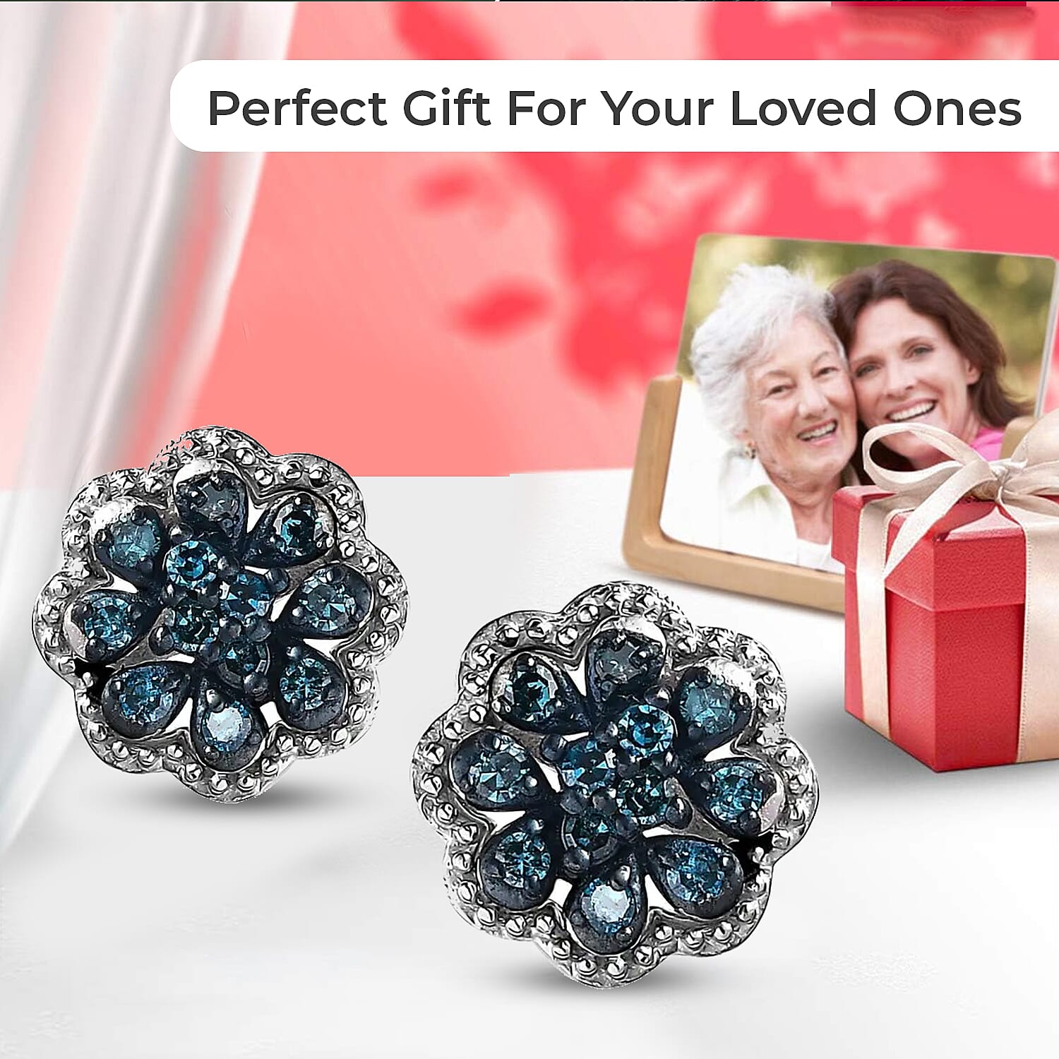 D'Joy Blue Diamond 0.25 ctw Blooming Flower Earrings in Platinum Over Sterling Silver