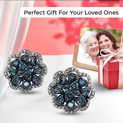 D'Joy Blue Diamond 0.25 ctw Blooming Flower Earrings in Platinum Over Sterling Silver