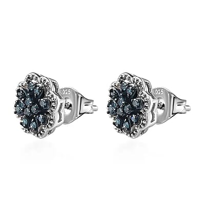 D'Joy Blue Diamond 0.25 ctw Blooming Flower Earrings in Platinum Over Sterling Silver