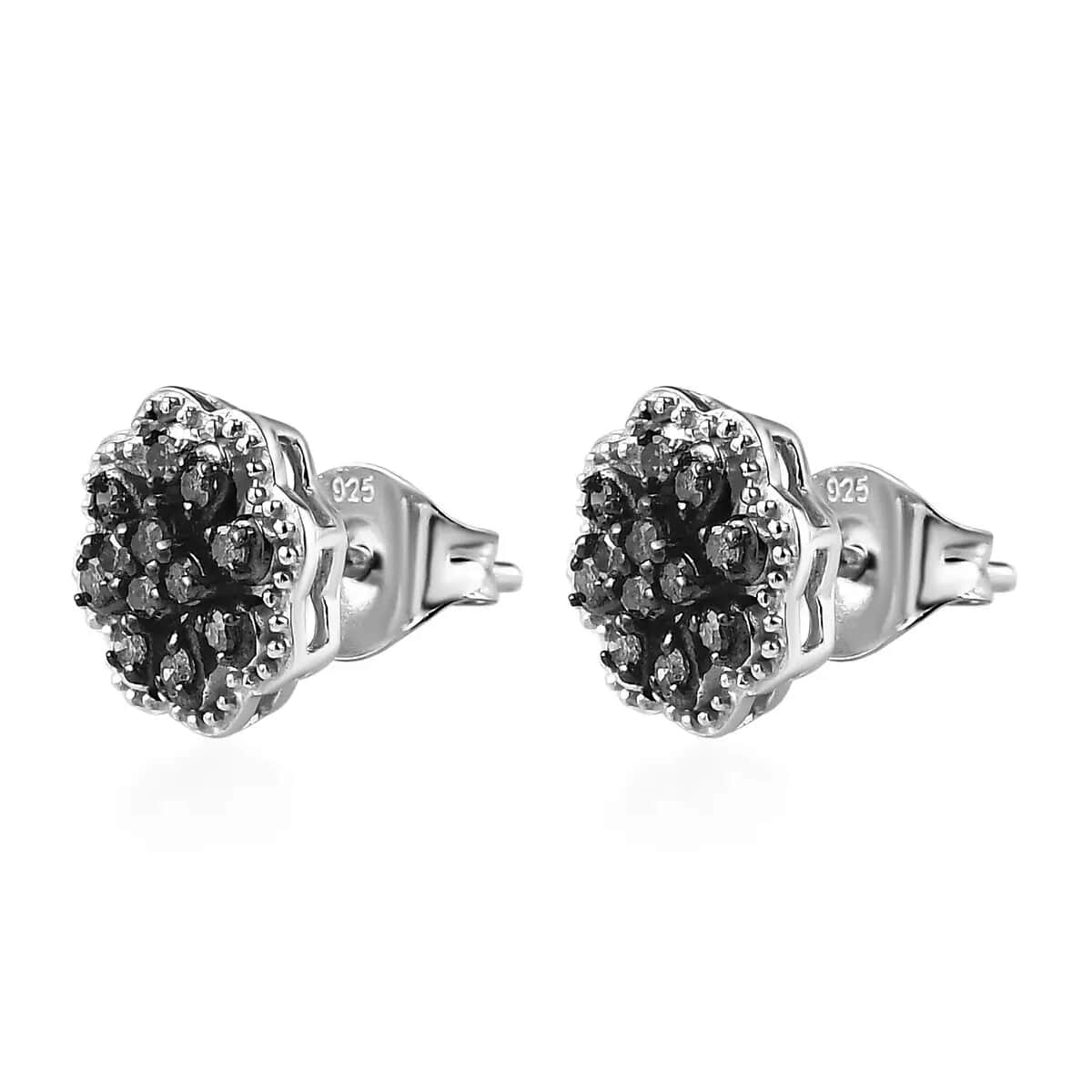 Blue Diamond Earrings in Rhodium And Platinum Over Sterling Silver, Flower Studs, Diamond Studs 0.25 ctw image number 5