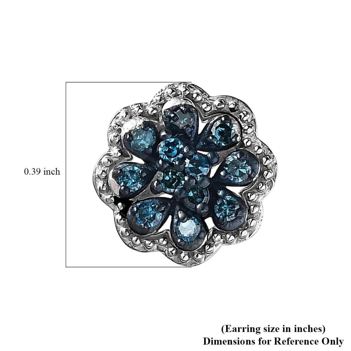 Blue Diamond Earrings in Rhodium And Platinum Over Sterling Silver, Flower Studs, Diamond Studs 0.25 ctw image number 6