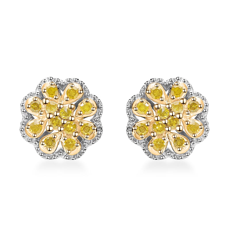 D'Joy Yellow Diamond Floral Earrings in Rhodium Over Sterling Silver 0.25 ctw