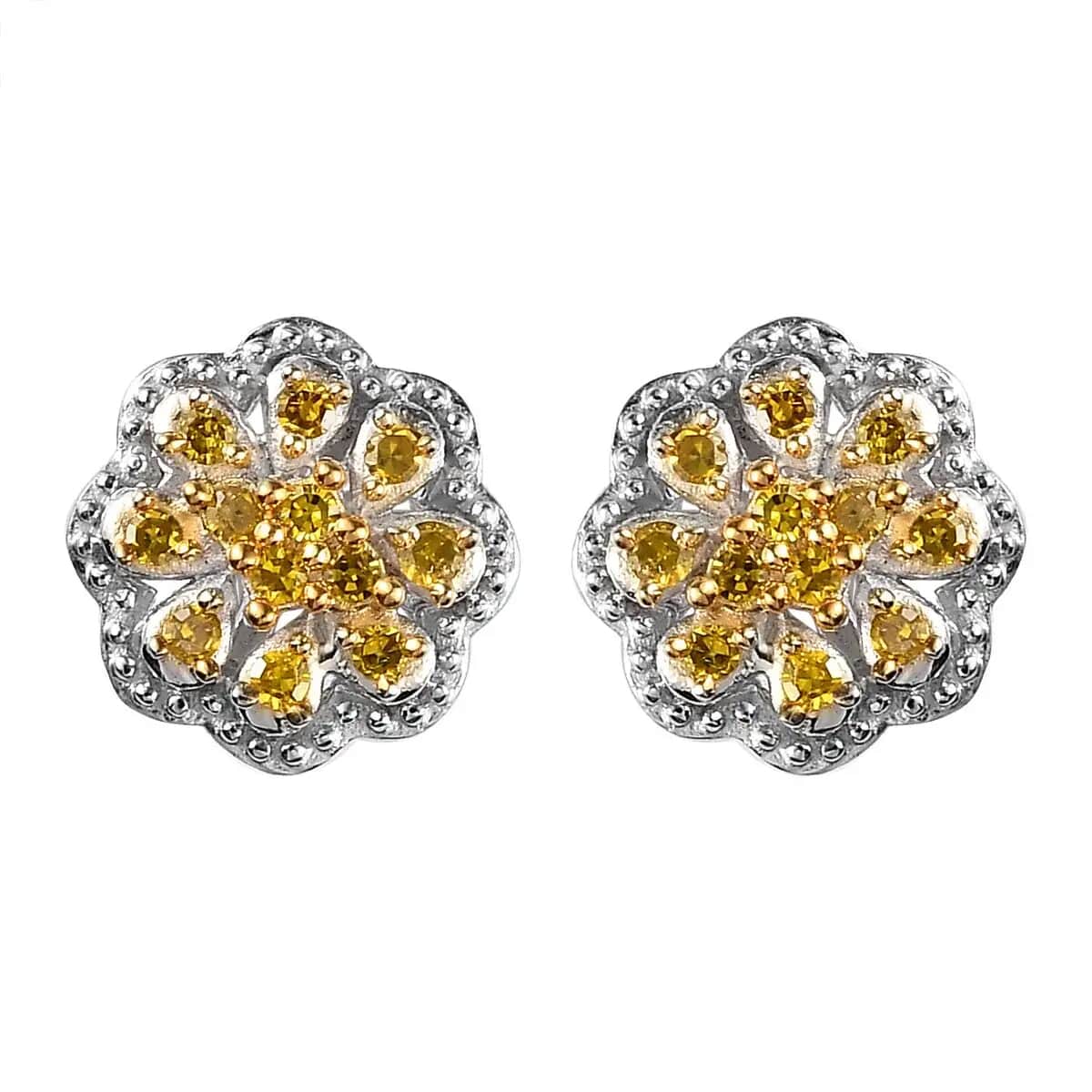 Yellow Diamond Earrings in Rhodium And Platinum Over Sterling Silver, Flower Studs, Diamond Studs 0.25 ctw image number 0