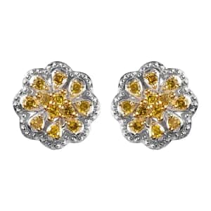 Yellow Diamond Earrings in Rhodium And Platinum Over Sterling Silver, Flower Studs, Diamond Studs 0.25 ctw