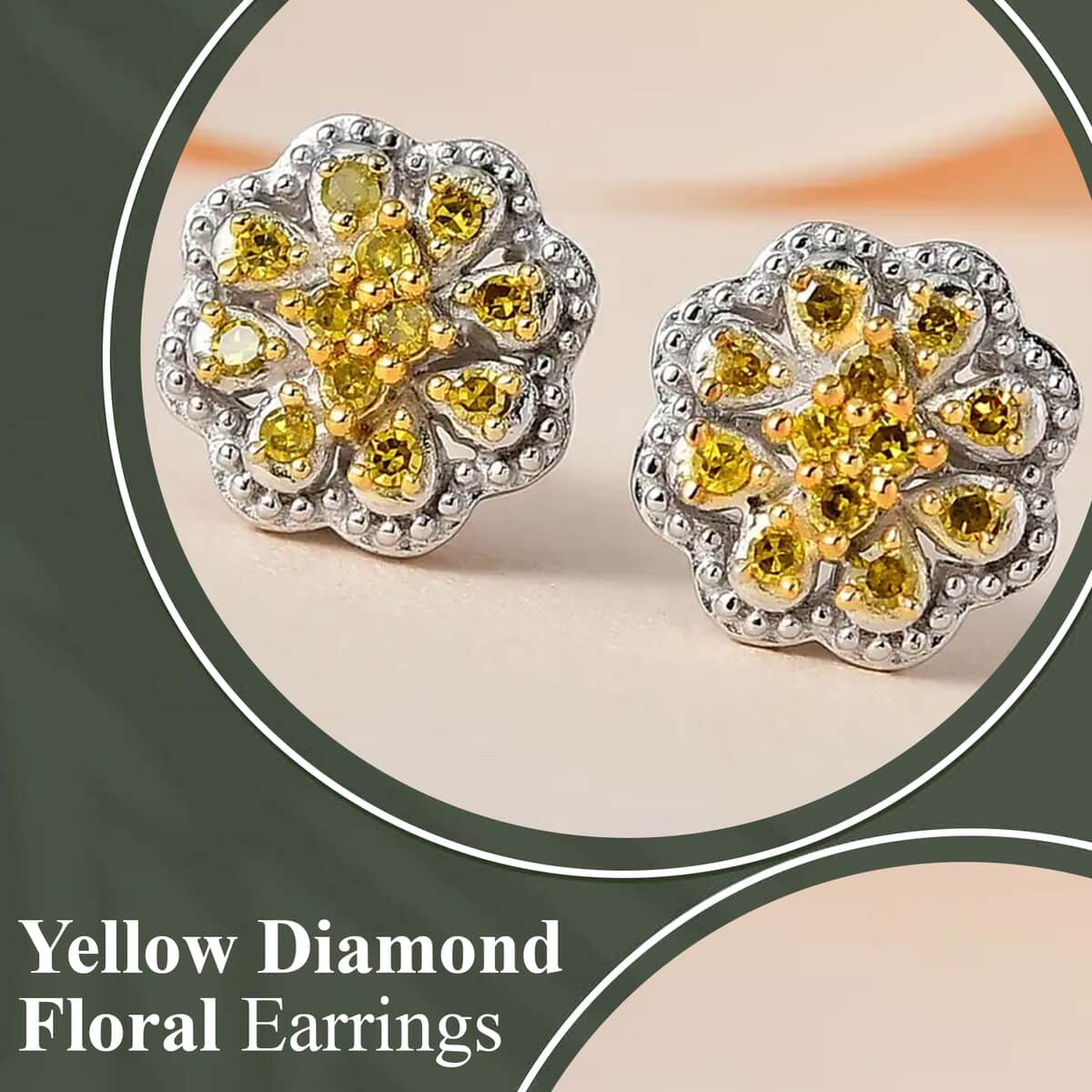 Yellow Diamond Earrings in Rhodium And Platinum Over Sterling Silver, Flower Studs, Diamond Studs 0.25 ctw image number 1
