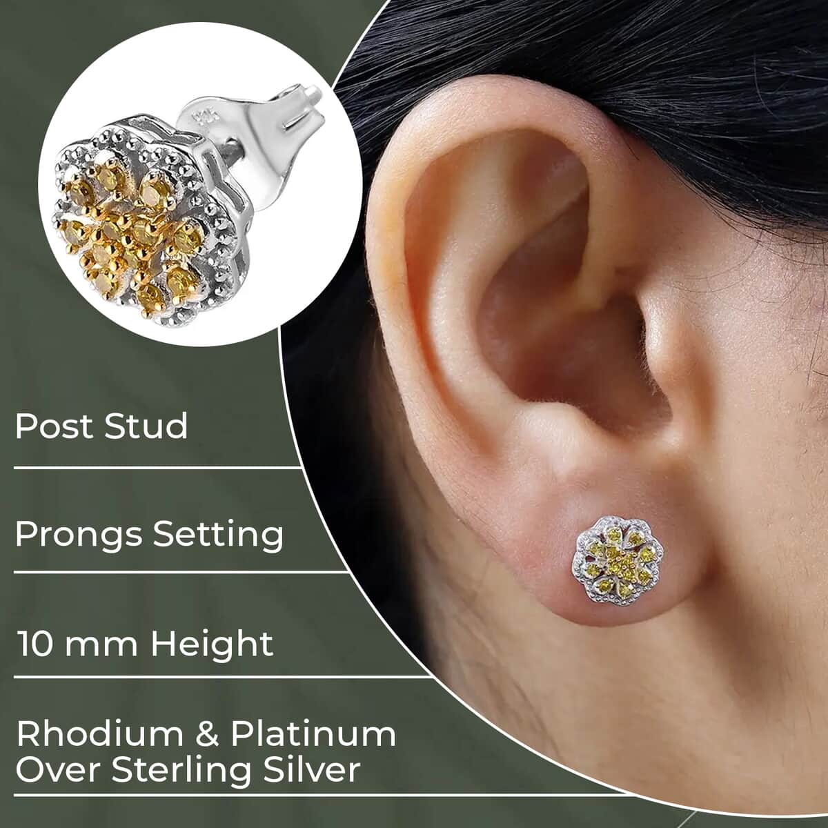 Yellow Diamond Earrings in Rhodium And Platinum Over Sterling Silver, Flower Studs, Diamond Studs 0.25 ctw image number 2