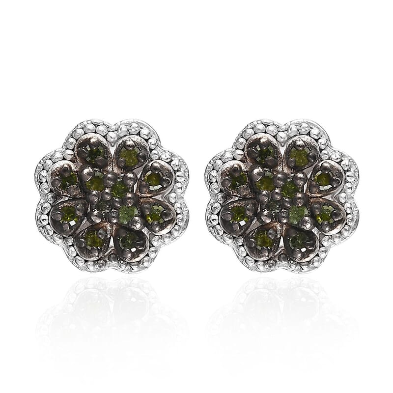 D'Joy Green Diamond Floral Earrings in Rhodium Over Sterling Silver 0.25 ctw