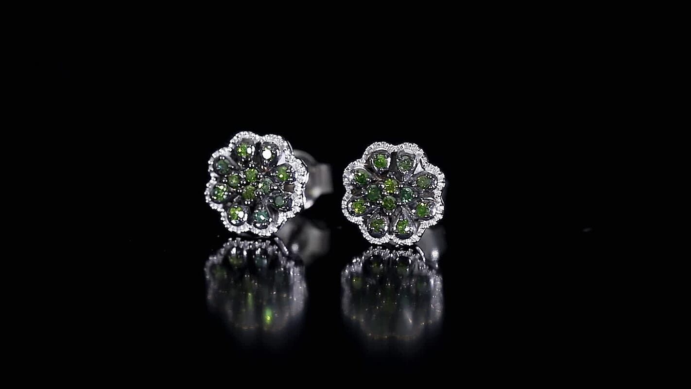 Doorbuster Blue Diamond Floral Stud Earrings in Platinum Over Sterling Silver 0.25 ctw