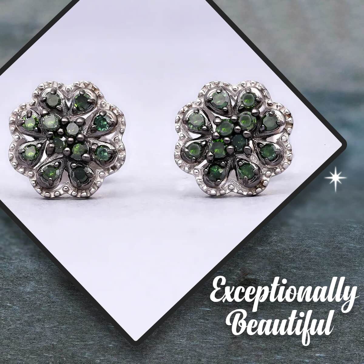 Doorbuster Green Diamond 0.25 ctw Blooming Flower Earrings in Platinum Over Sterling Silver image number 1