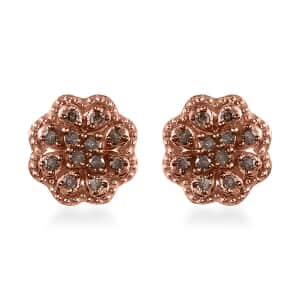 Natural Champagne Diamond Earrings in Rhodium And Vermeil RG Over Sterling Silver, Flower Studs, Diamond Studs 0.25 ctw
