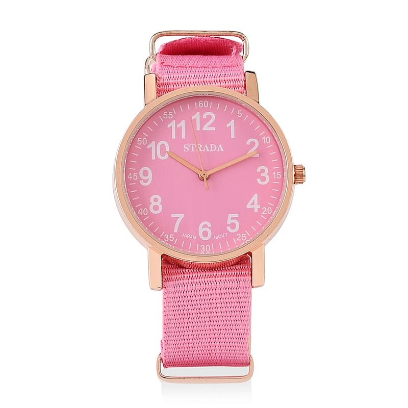 Strada Japanese Movement Watch with Pink Nylon Strap (35.56 mm) (5.5-7.25 Inches)