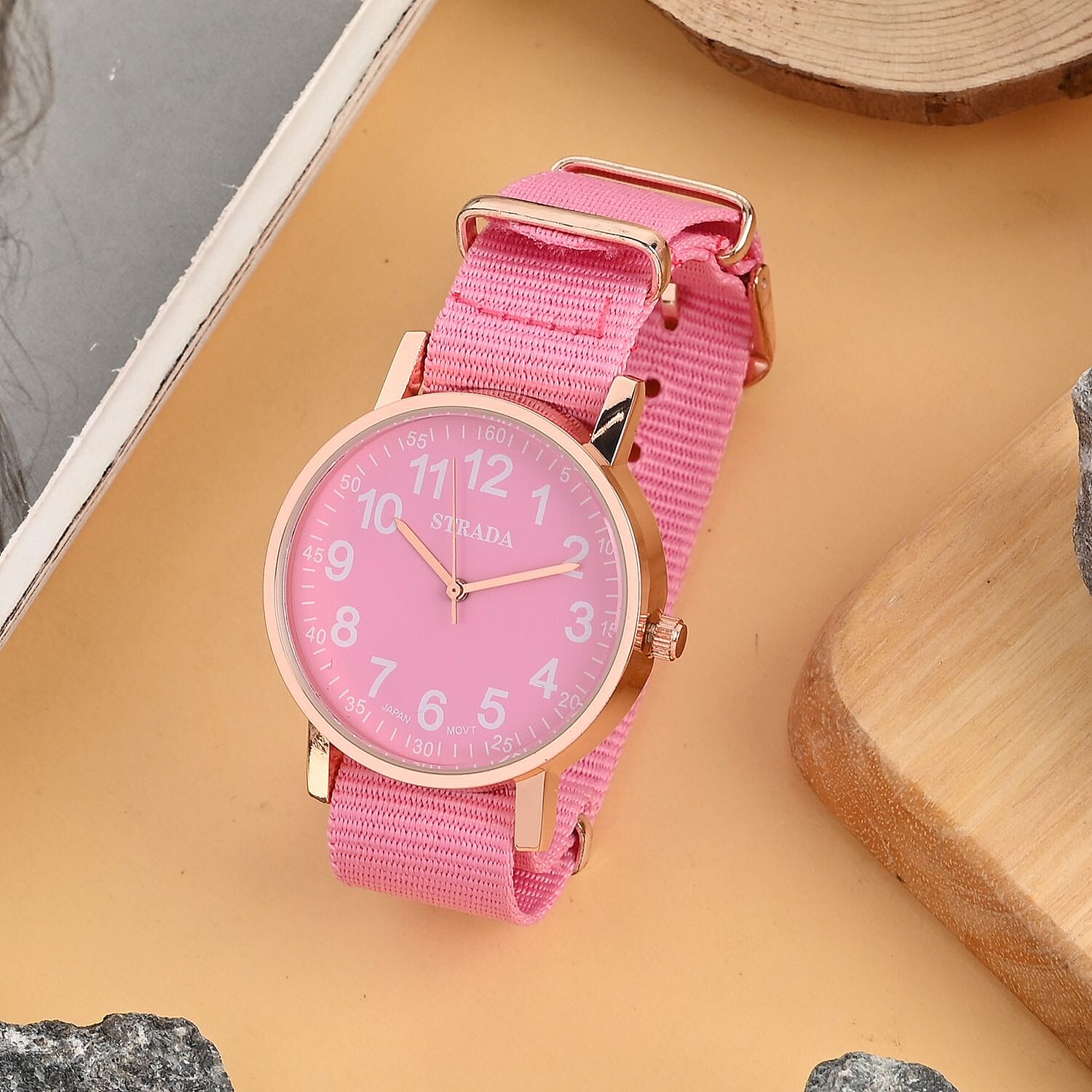 Strada Japanese Movement Watch with Pink Nylon Strap (35.56 mm) (5.5-7.25 Inches)