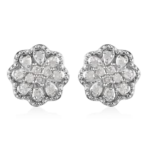 Diamond 0.25 ctw Blooming Flower Earrings in Platinum Over Sterling Silver