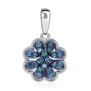 Blue Diamond Floral Pendant, Blue Diamond Pendant, Rhodium and Platinum Over Sterling Silver Pendant, Diamond Cluster Pendant, Floral Cluster Pendant 0.25 ctw