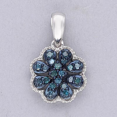 Blue Diamond Floral Pendant, Blue Diamond Pendant, Rhodium and Platinum Over Sterling Silver Pendant, Diamond Cluster Pendant, Floral Cluster Pendant 0.25 ctw