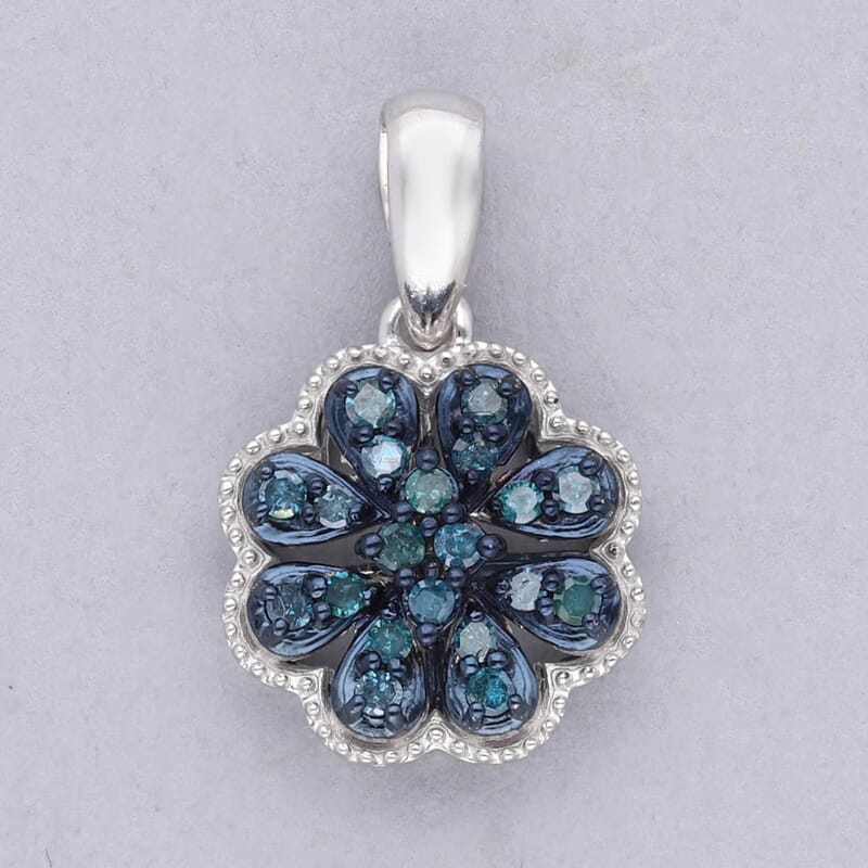 Blue Diamond Floral Pendant, Blue Diamond Pendant, Rhodium and Platinum Over Sterling Silver Pendant, Diamond Cluster Pendant, Floral Cluster Pendant 0.25 ctw