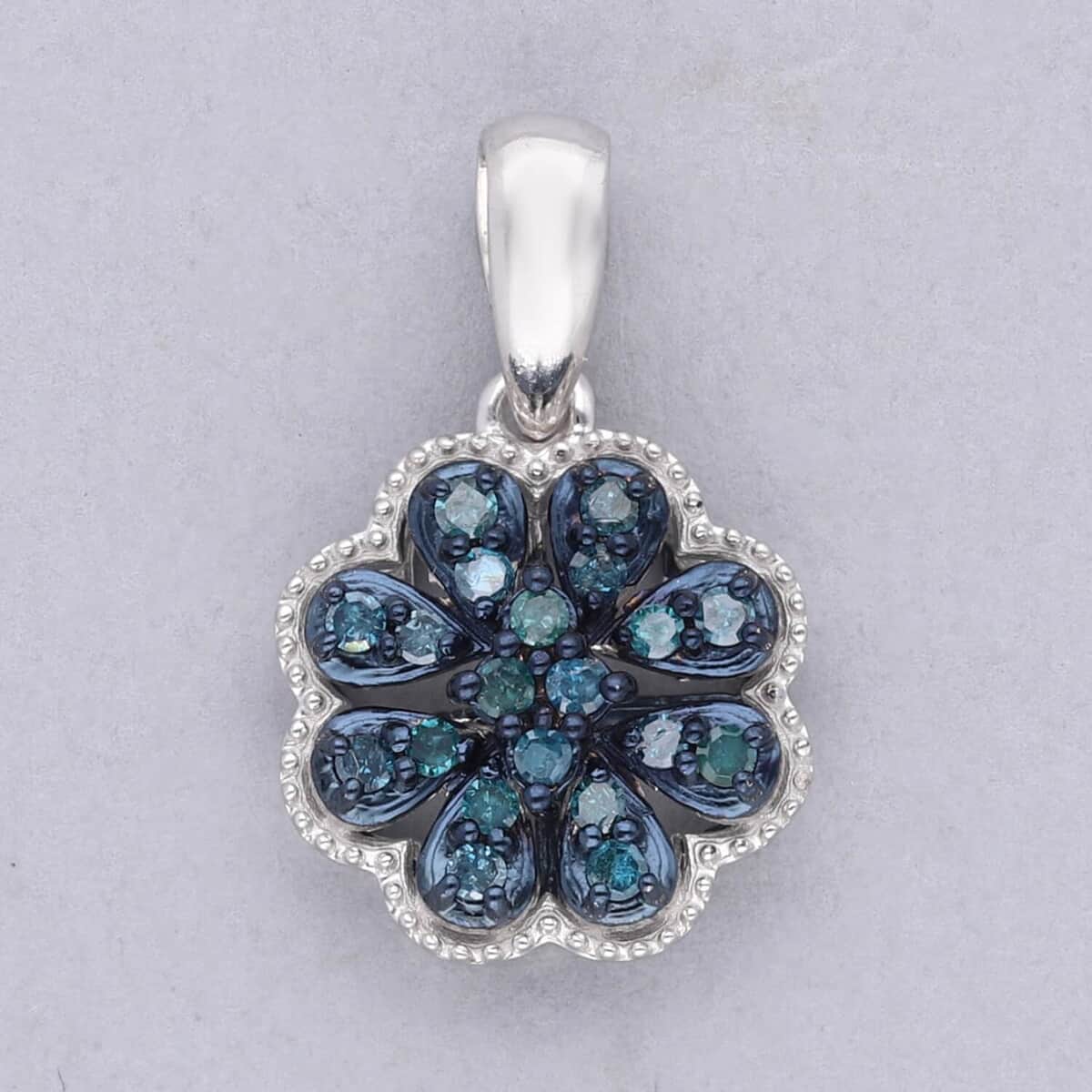 Blue Diamond Floral Pendant, Blue Diamond Pendant, Rhodium and Platinum Over Sterling Silver Pendant, Diamond Cluster Pendant, Floral Cluster Pendant 0.25 ctw image number 1