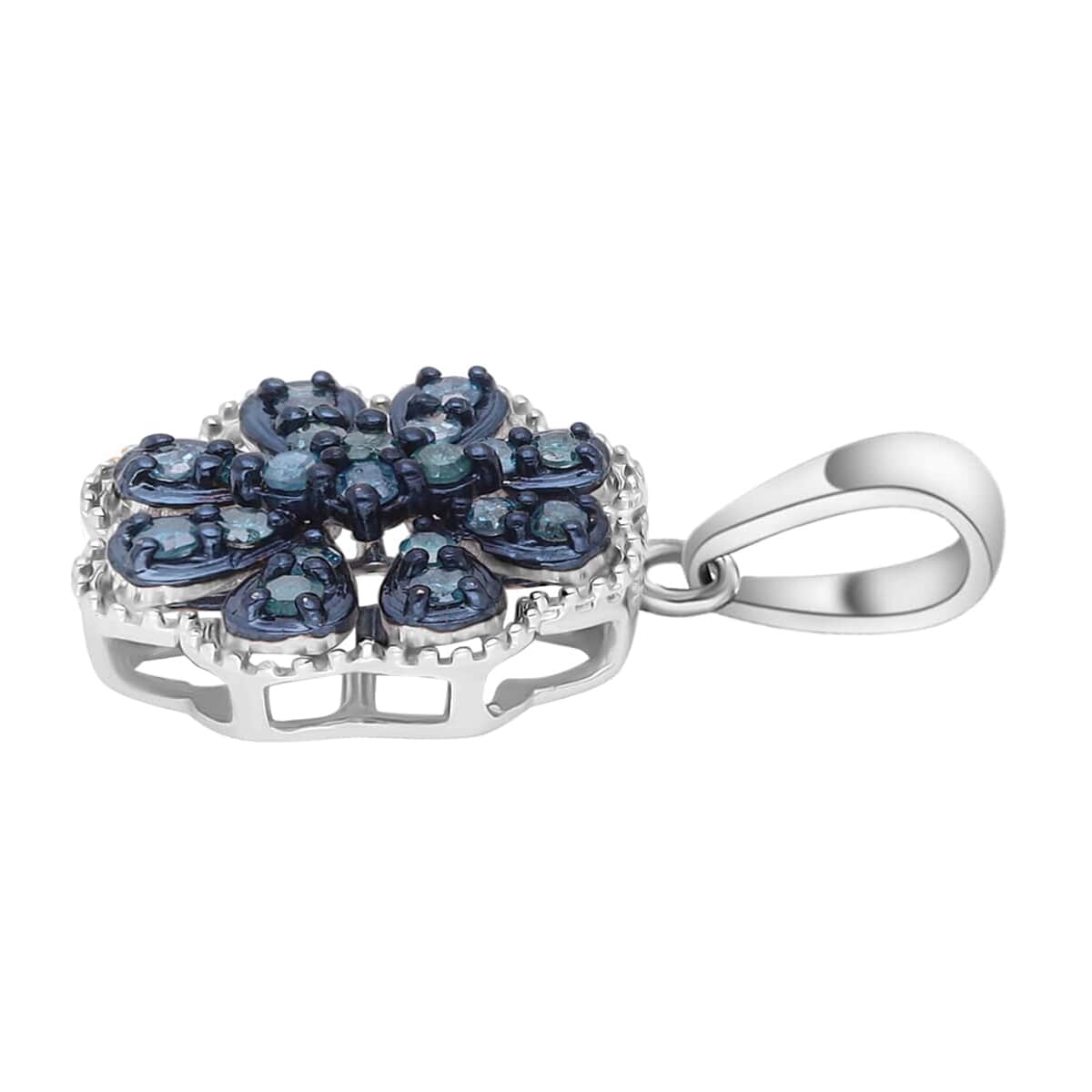 Blue Diamond Floral Pendant, Blue Diamond Pendant, Rhodium and Platinum Over Sterling Silver Pendant, Diamond Cluster Pendant, Floral Cluster Pendant 0.25 ctw image number 2