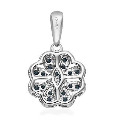 Blue Diamond Floral Pendant, Blue Diamond Pendant, Rhodium and Platinum Over Sterling Silver Pendant, Diamond Cluster Pendant, Floral Cluster Pendant 0.25 ctw