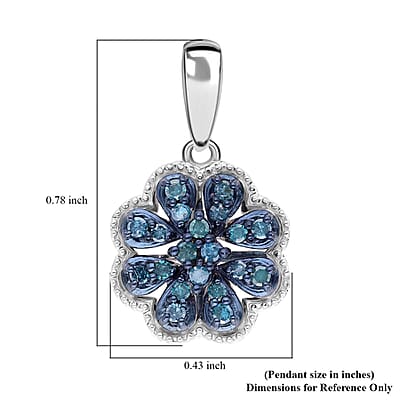 Blue Diamond Floral Pendant, Blue Diamond Pendant, Rhodium and Platinum Over Sterling Silver Pendant, Diamond Cluster Pendant, Floral Cluster Pendant 0.25 ctw