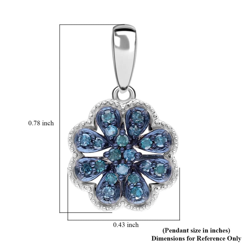 Blue Diamond Floral Pendant, Blue Diamond Pendant, Rhodium and Platinum Over Sterling Silver Pendant, Diamond Cluster Pendant, Floral Cluster Pendant 0.25 ctw