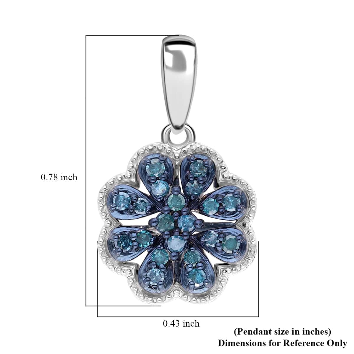 Blue Diamond Floral Pendant, Blue Diamond Pendant, Rhodium and Platinum Over Sterling Silver Pendant, Diamond Cluster Pendant, Floral Cluster Pendant 0.25 ctw image number 4