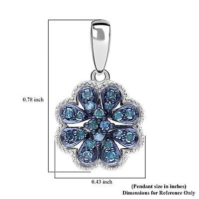 Blue Diamond Floral Pendant, Blue Diamond Pendant, Rhodium and Platinum Over Sterling Silver Pendant, Diamond Cluster Pendant, Floral Cluster Pendant 0.25 ctw