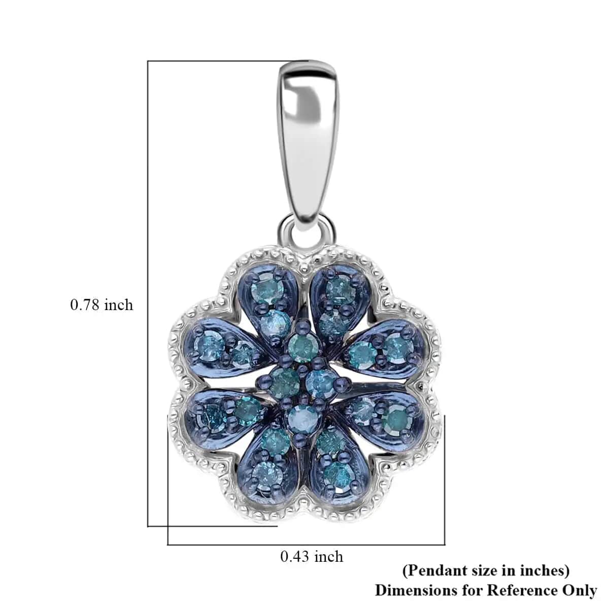 Blue Diamond Floral Pendant, Blue Diamond Pendant, Rhodium and Platinum Over Sterling Silver Pendant, Diamond Cluster Pendant, Floral Cluster Pendant 0.25 ctw image number 5