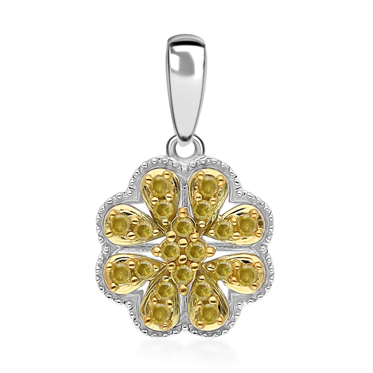 Yellow Diamond Floral Pendant, Yellow Diamond Pendant, Rhodium and Platinum Over Sterling Silver Pendant, Diamond Cluster Pendant, Floral Cluster Pendant 0.25 ctw image number 0