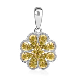 Yellow Diamond Floral Pendant, Yellow Diamond Pendant, Rhodium and Platinum Over Sterling Silver Pendant, Diamond Cluster Pendant, Floral Cluster Pendant 0.25 ctw