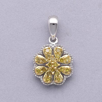 Yellow Diamond Floral Pendant, Yellow Diamond Pendant, Rhodium and Platinum Over Sterling Silver Pendant, Diamond Cluster Pendant, Floral Cluster Pendant 0.25 ctw