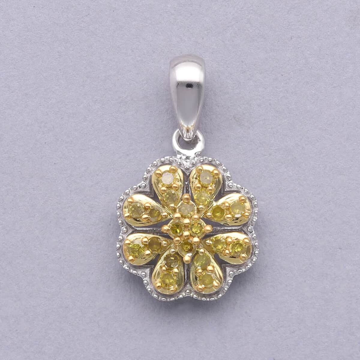 Yellow Diamond Floral Pendant, Yellow Diamond Pendant, Rhodium and Platinum Over Sterling Silver Pendant, Diamond Cluster Pendant, Floral Cluster Pendant 0.25 ctw image number 1