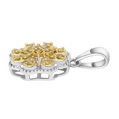 Yellow Diamond Floral Pendant, Yellow Diamond Pendant, Rhodium and Platinum Over Sterling Silver Pendant, Diamond Cluster Pendant, Floral Cluster Pendant 0.25 ctw