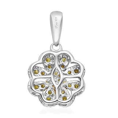 Yellow Diamond Floral Pendant, Yellow Diamond Pendant, Rhodium and Platinum Over Sterling Silver Pendant, Diamond Cluster Pendant, Floral Cluster Pendant 0.25 ctw