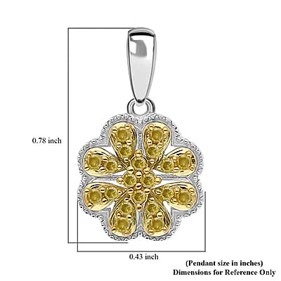 Yellow Diamond Floral Pendant, Yellow Diamond Pendant, Rhodium and Platinum Over Sterling Silver Pendant, Diamond Cluster Pendant, Floral Cluster Pendant 0.25 ctw