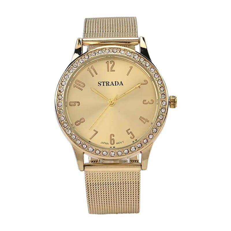 Strada White Austrian Crystal Japanese Movement Watch in Goldtone with Stainless Steel Mesh Belt Strap (36.06 mm) (6.50-7.50 Inches)